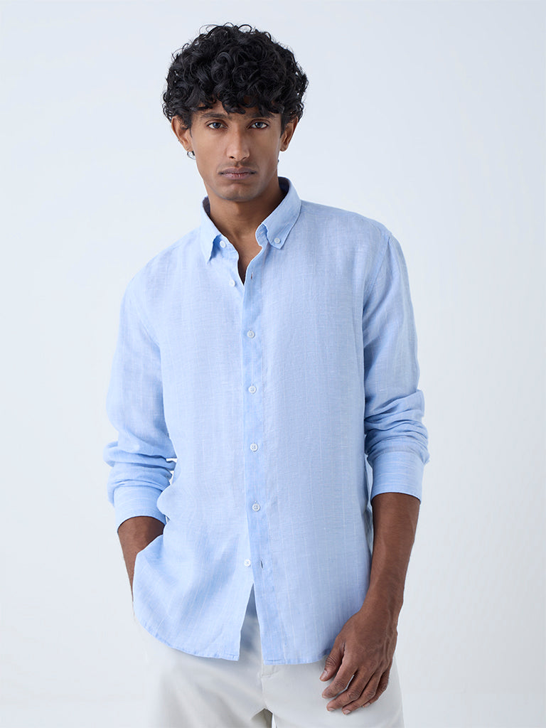 Westside Ascot Men's Blue Striped Relaxed-Fit Linen Shirt for Casual Wear Front View