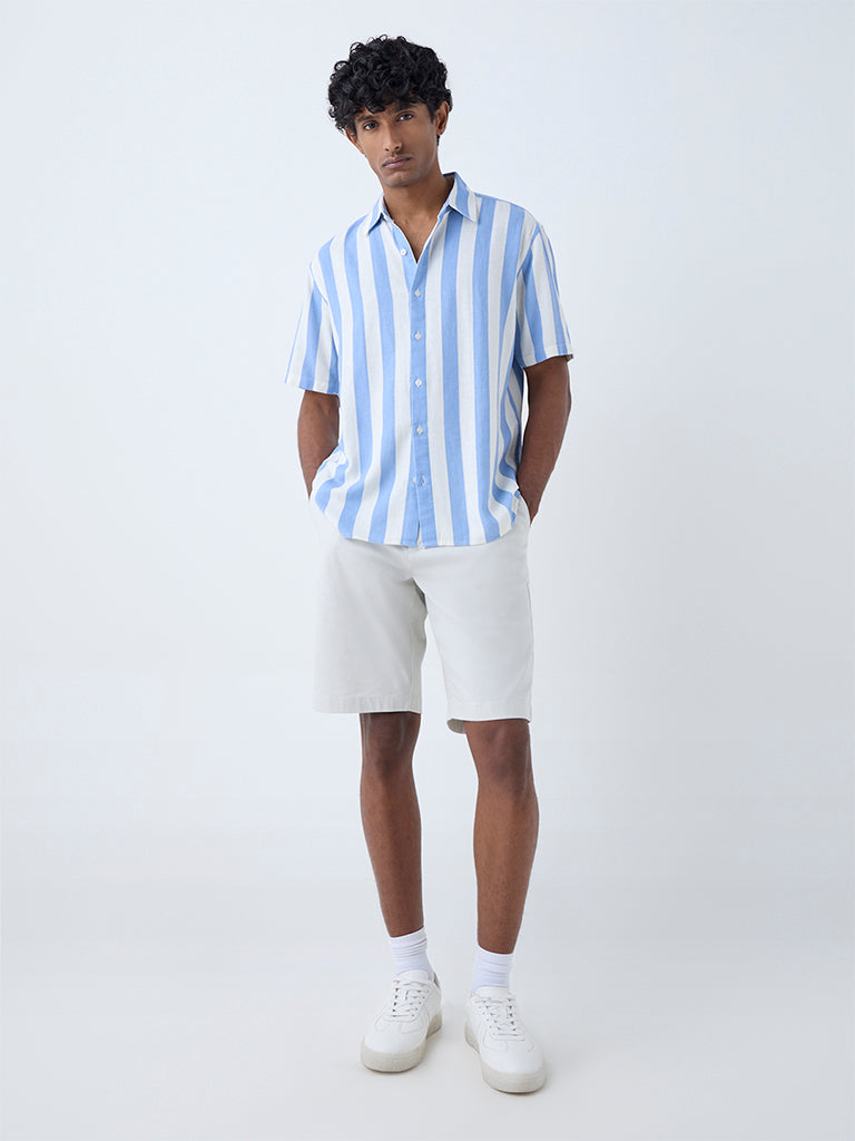 Westside Ascot Men's Blue Stripe Pattern Relaxed-Fit Shirt for Casual Wear Full View