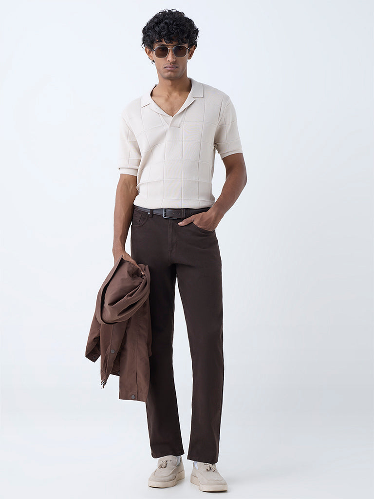 Westside Ascot Men's Beige Checks Design Relaxed-Fit Cotton-Blend T-Shirt for Casual Wear Full View