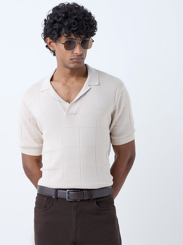 Westside Ascot Men's Beige Checks Design Relaxed-Fit Cotton-Blend T-Shirt for Casual Wear Front View