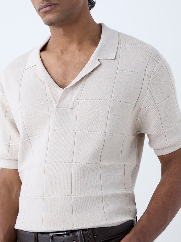 Westside Ascot Men's Beige Checks Design Relaxed-Fit Cotton-Blend T-Shirt for Casual Wear Zoomed View