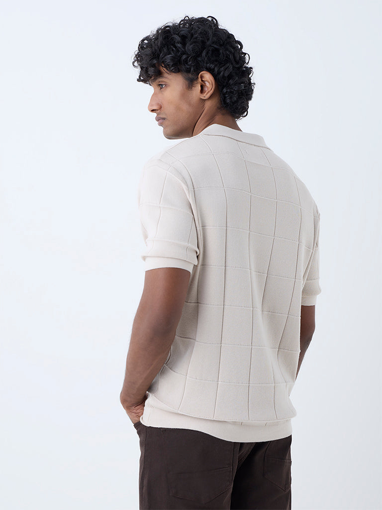 Westside Ascot Men's Beige Checks Design Relaxed-Fit Cotton-Blend T-Shirt for Casual Wear Back View