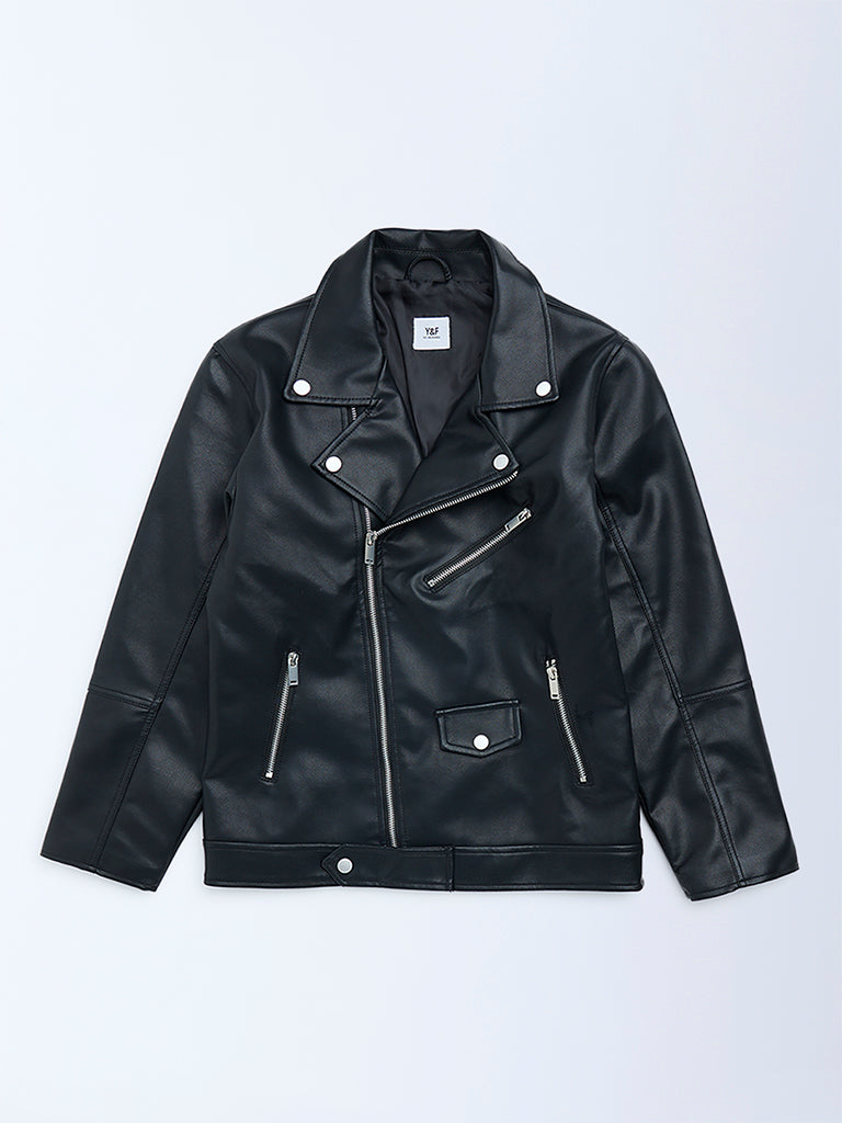 Y&F Kids Boys Black Faux-Leather Jacket
