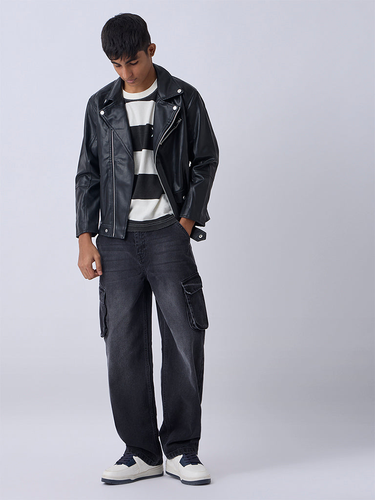 Y&F Kids Boys Black Faux-Leather Jacket