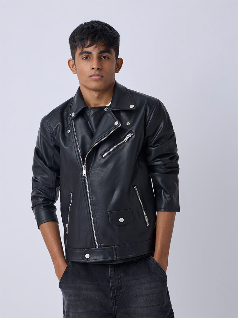 Y&F Kids Boys Black Faux-Leather Jacket