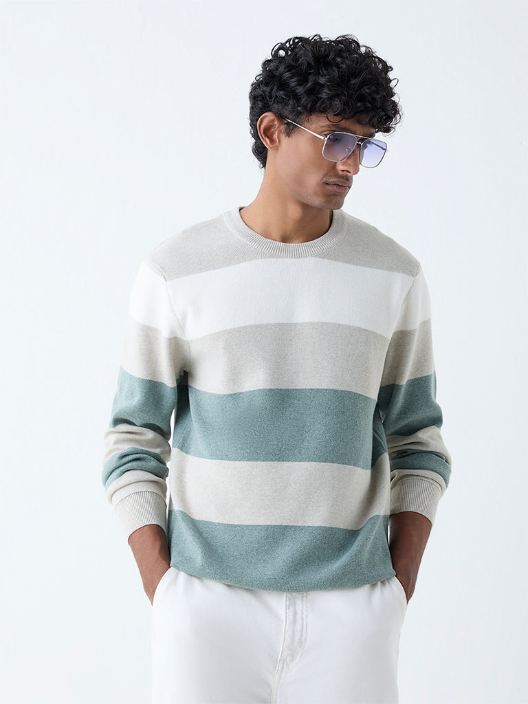 Westside WES Casuals Men's Multicolour Relaxed-Fit Cotton-Blend Sweater for Winter Wear Front view