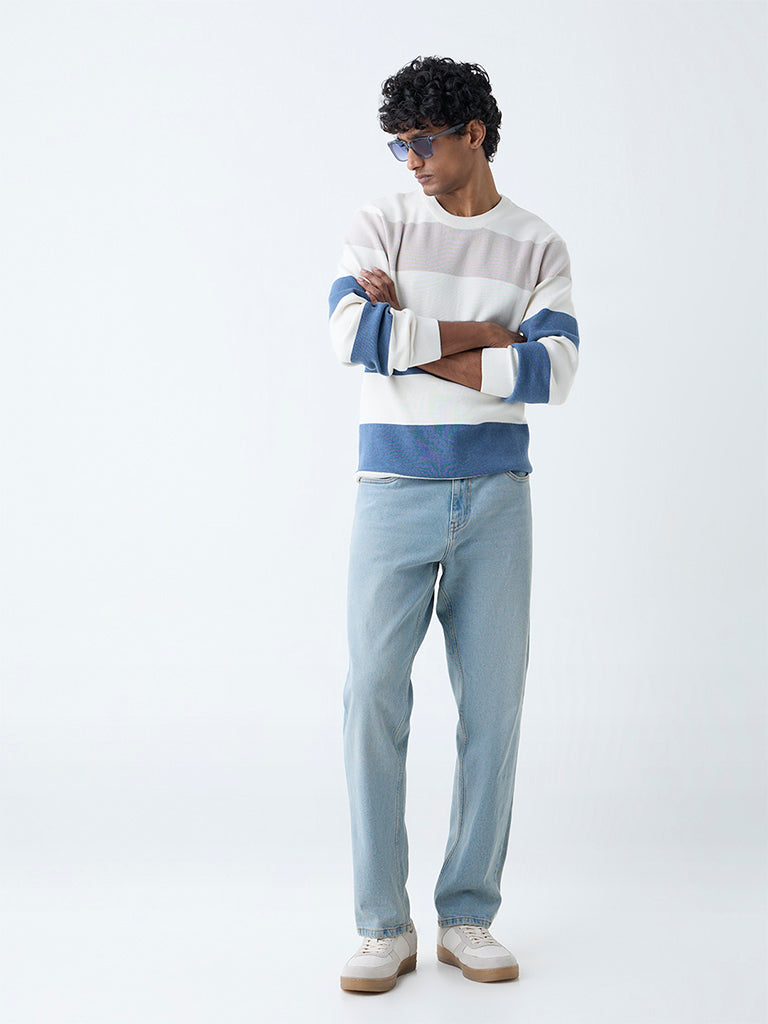 Westside WES Casuals Men's Blue Relaxed-Fit Cotton-Blend Sweater for Winter Wear Full View