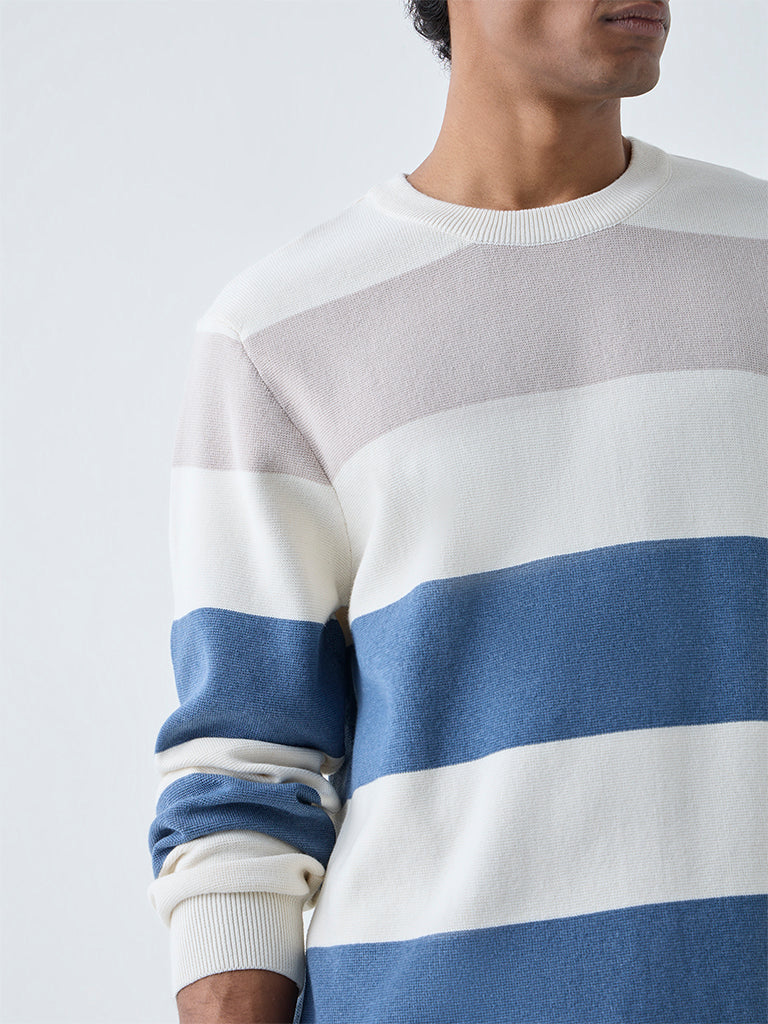 Westside WES Casuals Men's Blue Relaxed-Fit Cotton-Blend Sweater for Winter Wear Zoomed View