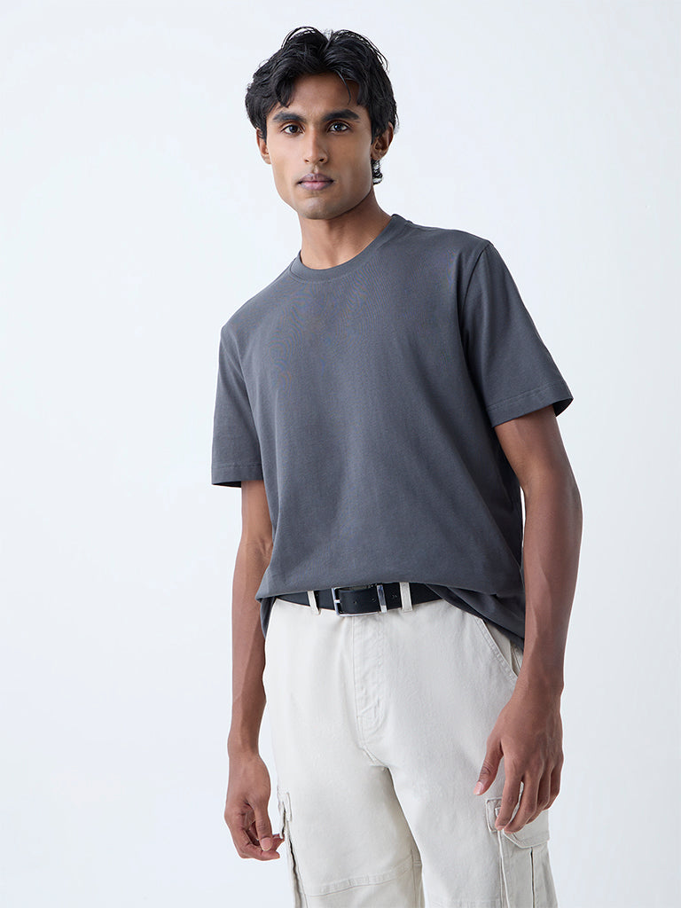 Westside WES Casuals Men's Charcoal Solid Slim-Fit Cotton T-Shirt for Casual Wear Front View