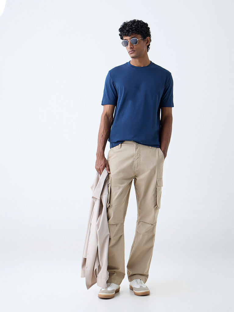 Westside WES Casuals Men's Navy Solid Slim-Fit Cotton T-Shirt for Casual Wear Full View