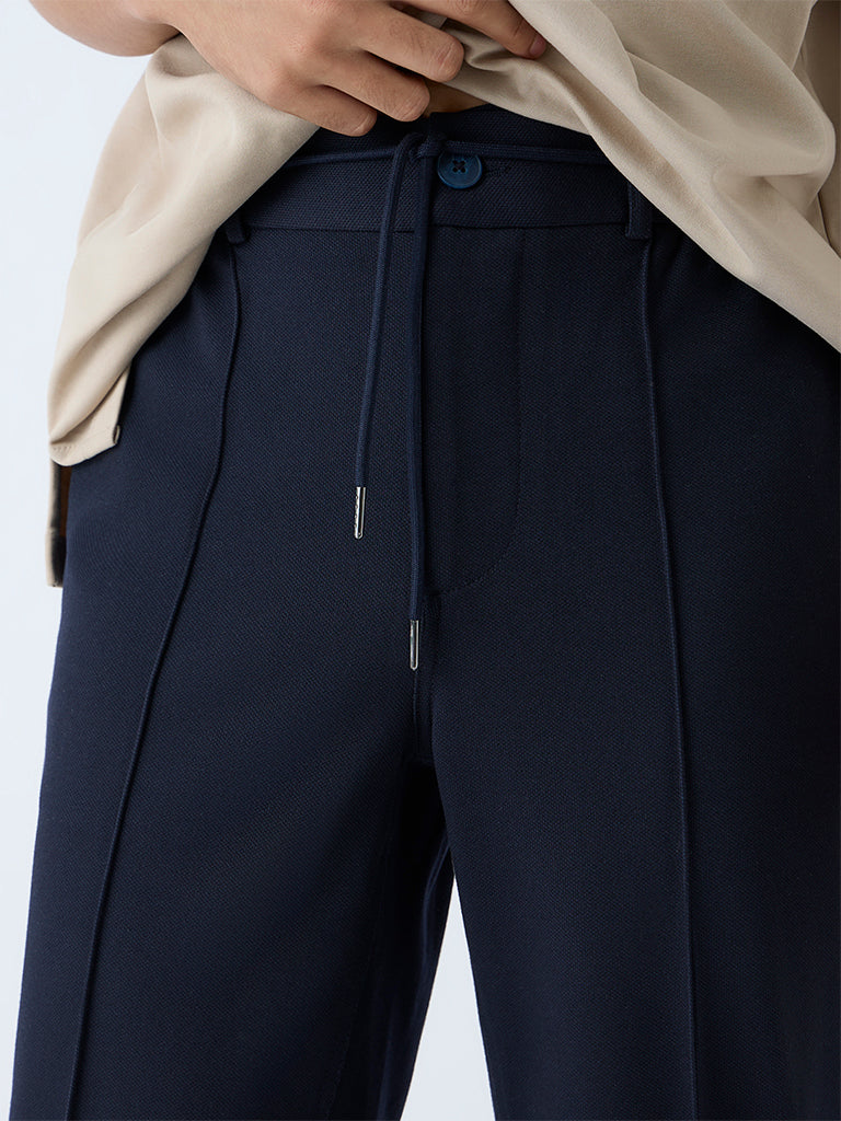 Studiofit Navy Solid Relaxed-Fit Mid-Rise Cotton Pants