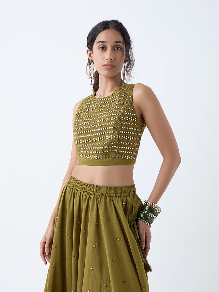 Westside Utsa Women's Olive Mirror Embroidered Cotton Ethnic Top for Work Wear Front view