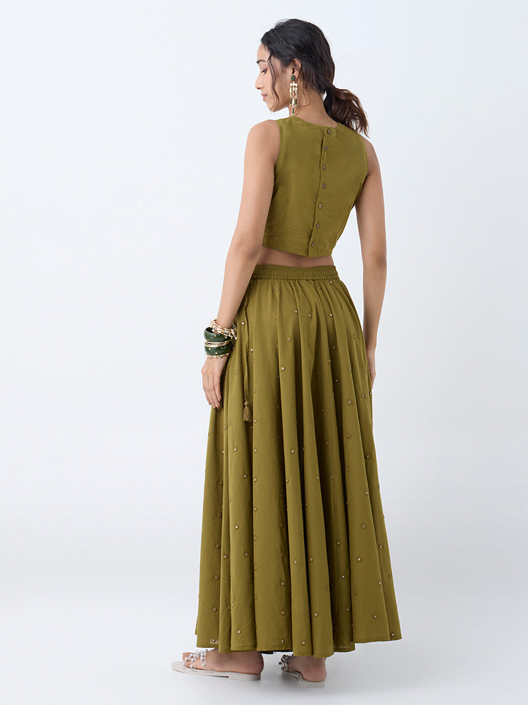 Westside Utsa Women's Olive Mirror Embroidered Cotton Ethnic Top for Work Wear Back View