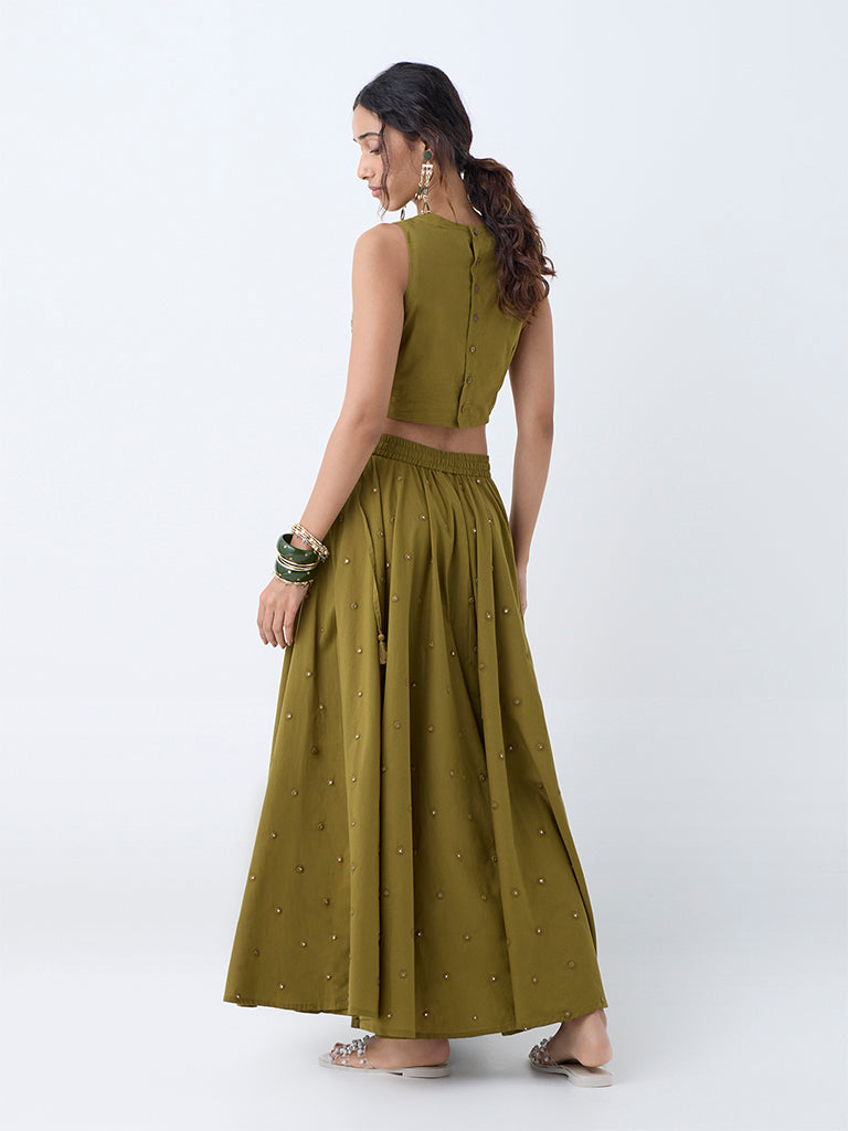 Westside Utsa Women's Olive Mirror Embroidered Cotton Skirt for Work Wear Back View