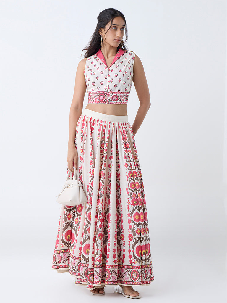 Westside Utsa Women's Pink Botanical Design Cotton Skirt for Work Wear Full View