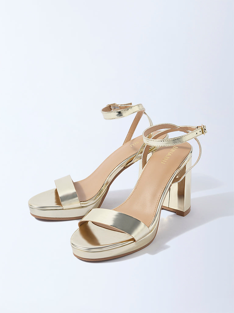 Westside LUNA BLU Women's Gold Block-Heel Sandals for Casual Wear Full View