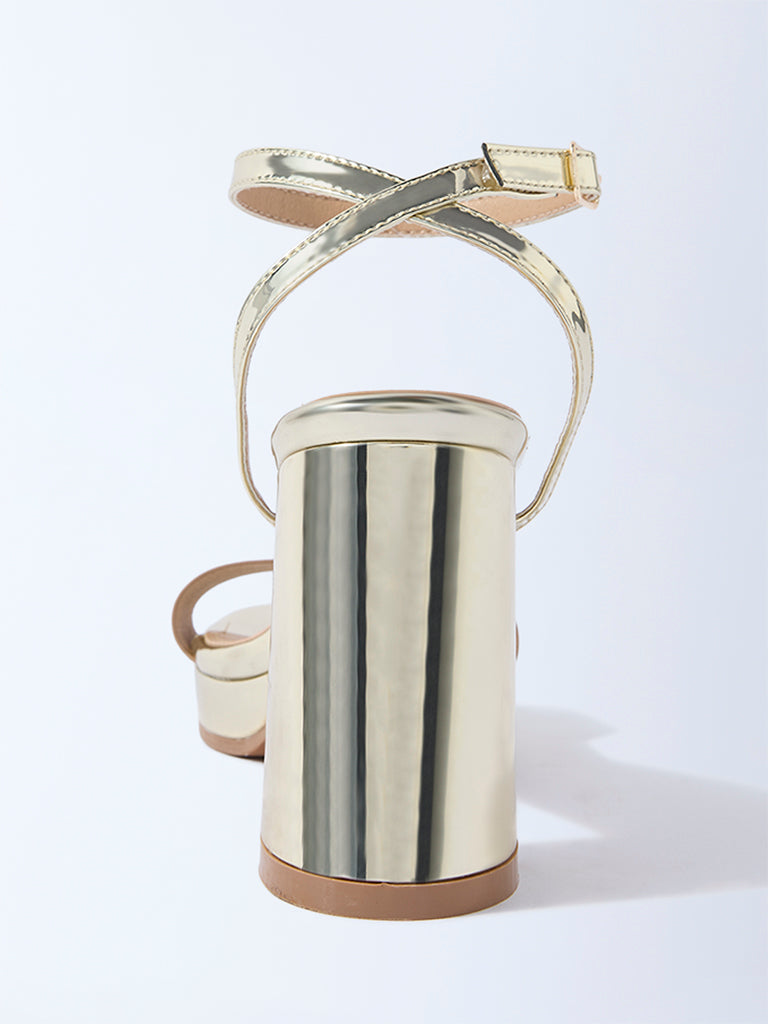 Westside LUNA BLU Women's Gold Block-Heel Sandals for Casual Wear Back View