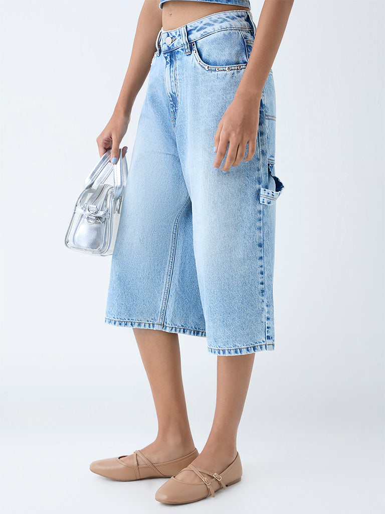 Nuon Light Blue Faded Mid-Rise Denim Jorts