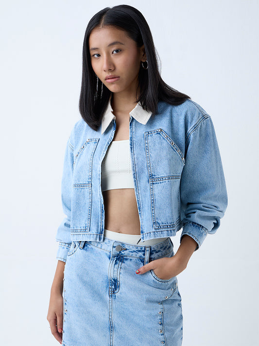Westside Nuon Women's Blue Stud-Detailed Denim Jacket for Casual Wear Front view