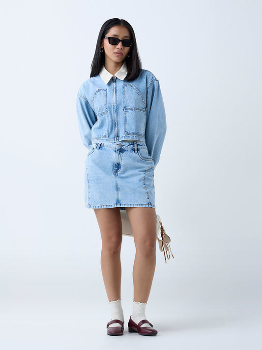 Westside Nuon Women's Blue Stud-Detailed Denim Jacket for Casual Wear Full View