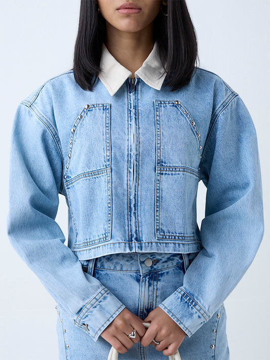 Westside Nuon Women's Blue Stud-Detailed Denim Jacket for Casual Wear Zoomed View
