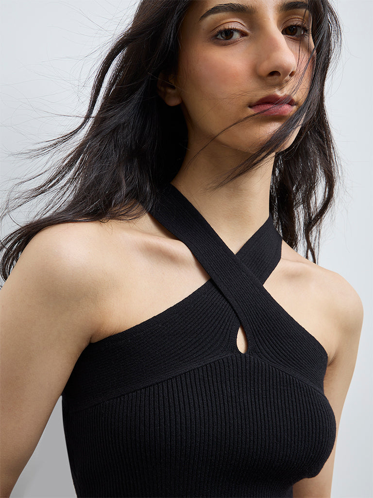 Buy Nuon Black Ribbed-Textured Halter-Neck Top from Westside