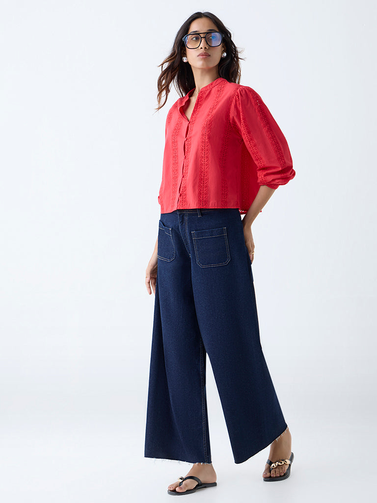 Westside LOV Women's Red Schiffli Detailed Cotton Blouse for Casual Wear Front View