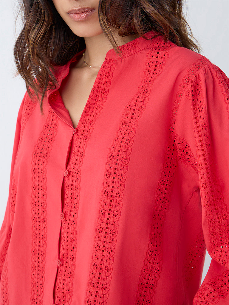 Westside LOV Women's Red Schiffli Detailed Cotton Blouse for Casual Wear Zoomed View