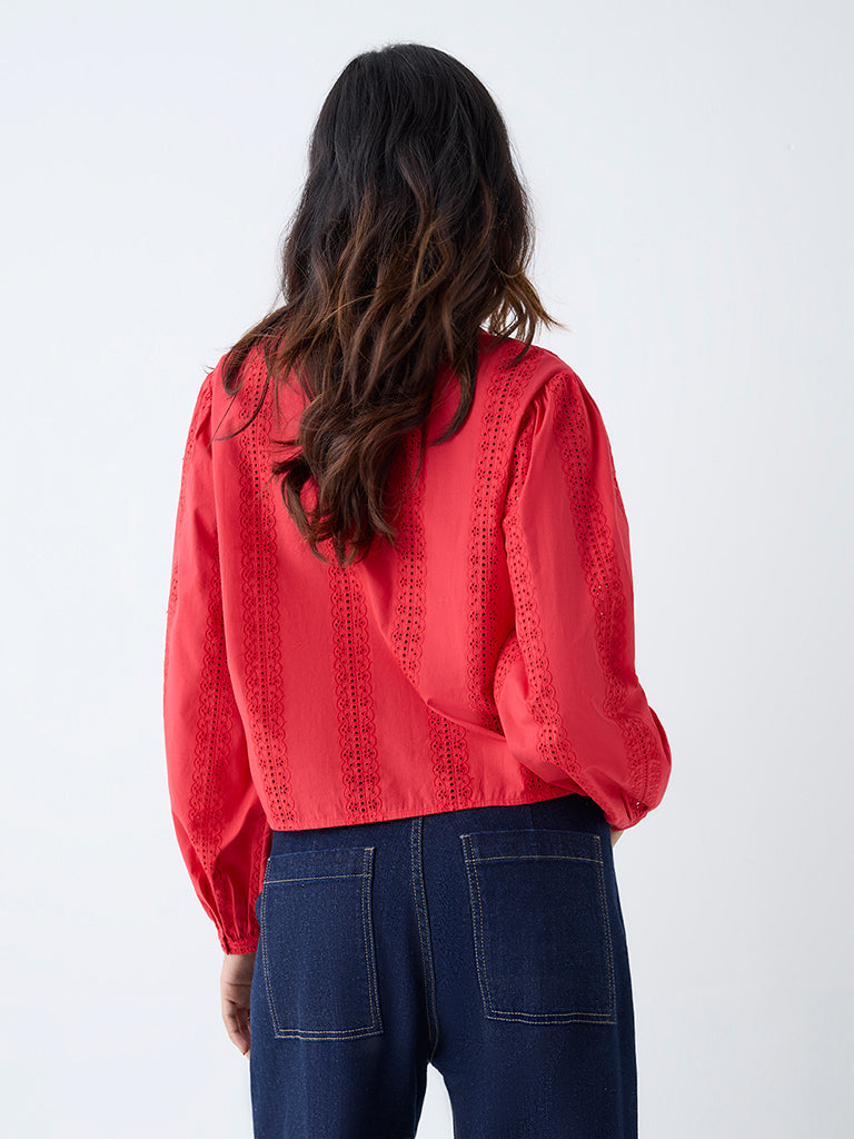 Westside LOV Women's Red Schiffli Detailed Cotton Blouse for Casual Wear Back View