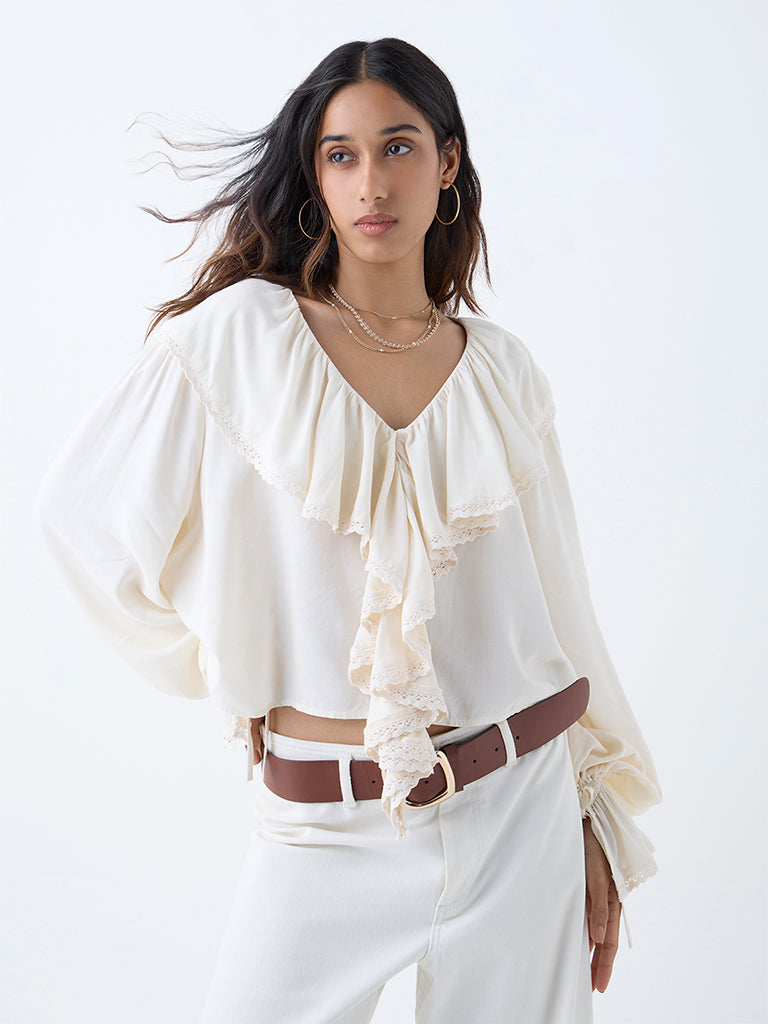 Westside LOV Women's Off-White Ruffle-Detailed Top for Casual Wear Front view
