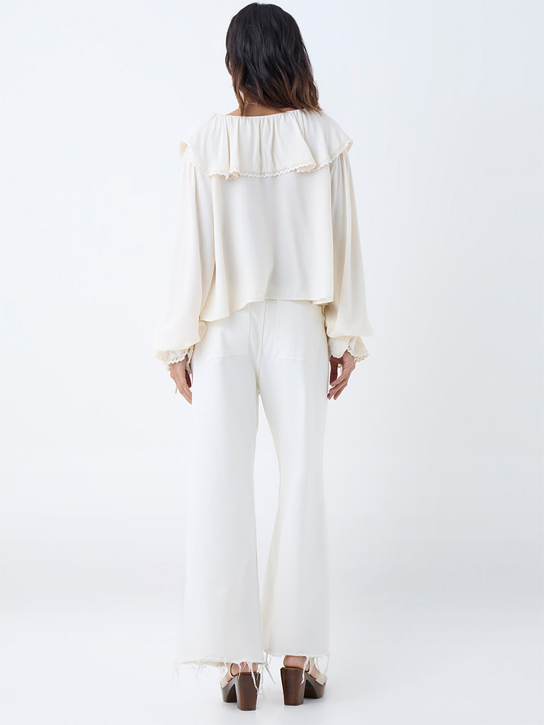 Westside LOV Women's Off-White Ruffle-Detailed Top for Casual Wear Back View