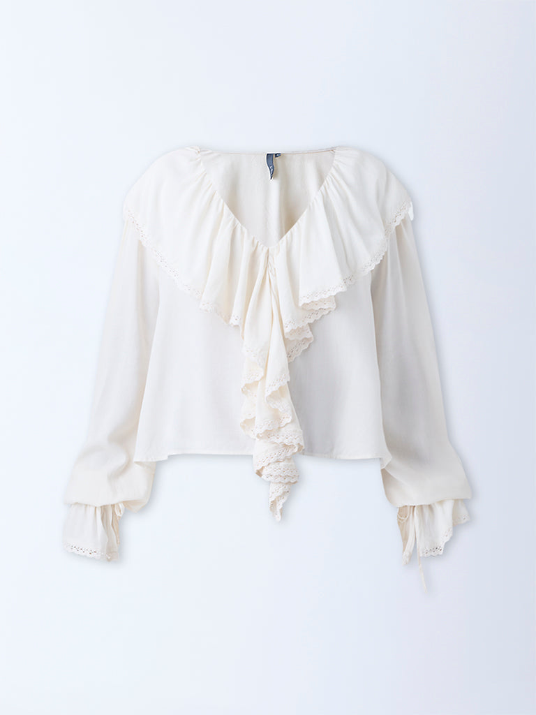 Westside LOV Women's Off-White Ruffle-Detailed Top for Casual Wear Flatlay