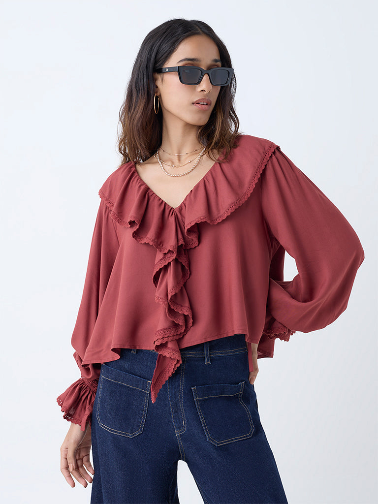 Westside LOV Women's Rust Ruffle-Detailed Top for Casual Wear Front view