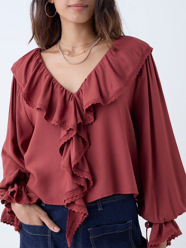 Westside LOV Women's Rust Ruffle-Detailed Top for Casual Wear Zoomed View