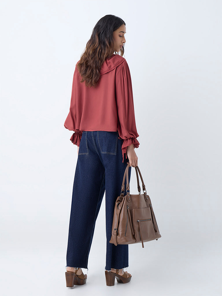 Westside LOV Women's Rust Ruffle-Detailed Top for Casual Wear Back View