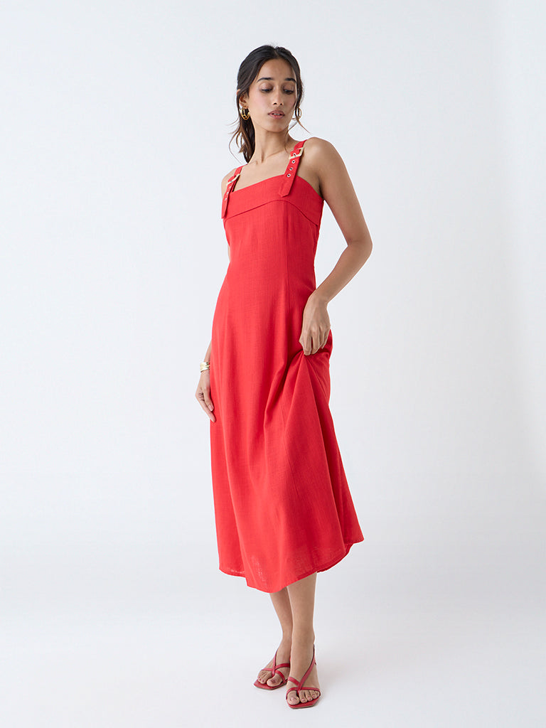 Westside LOV Women's Red Solid A-Line Dress for Casual Wear Full View