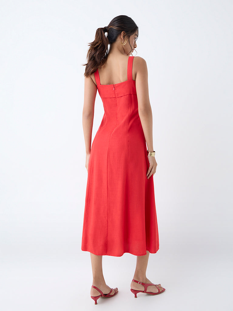 Westside LOV Women's Red Solid A-Line Dress for Casual Wear Back View