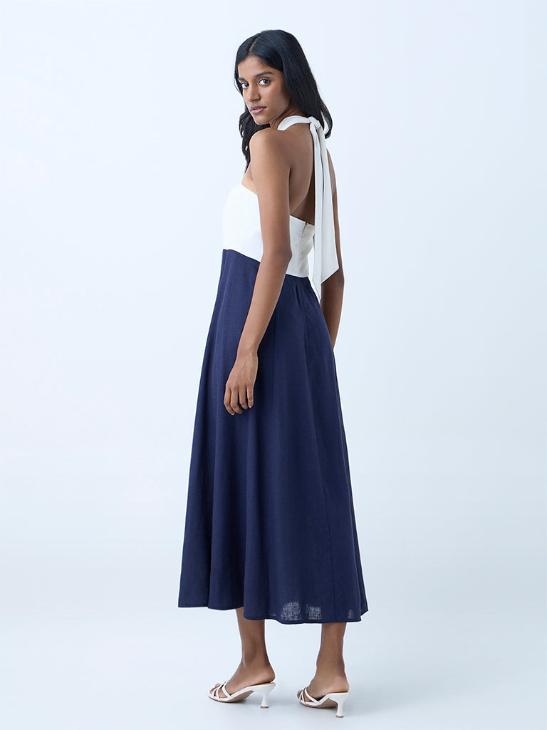LOV Navy Colour-Blocked Halter Neck A-Line Dress