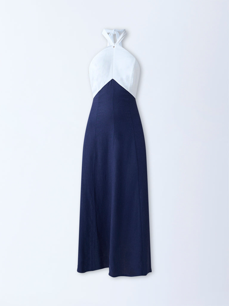 LOV Navy Colour-Blocked Halter Neck A-Line Dress