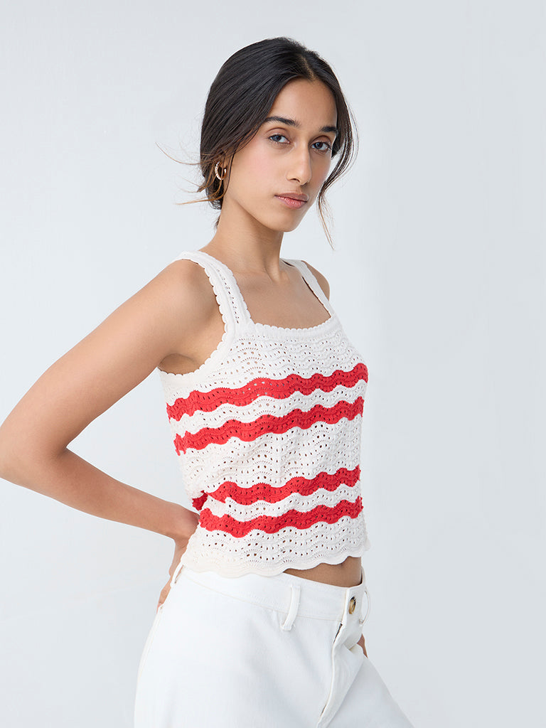 Westside LOV Women's White Knit-Textured Cotton-Blend Top for Casual Wear Front View