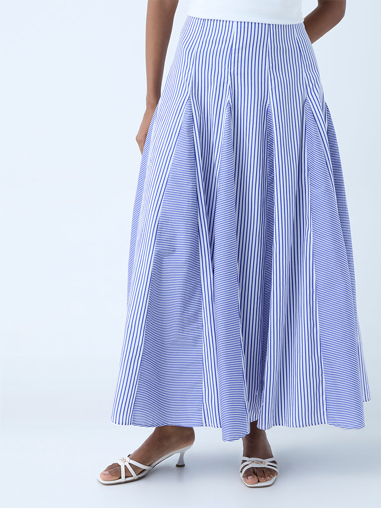 LOV Navy Striped High-Rise Cotton Skirt