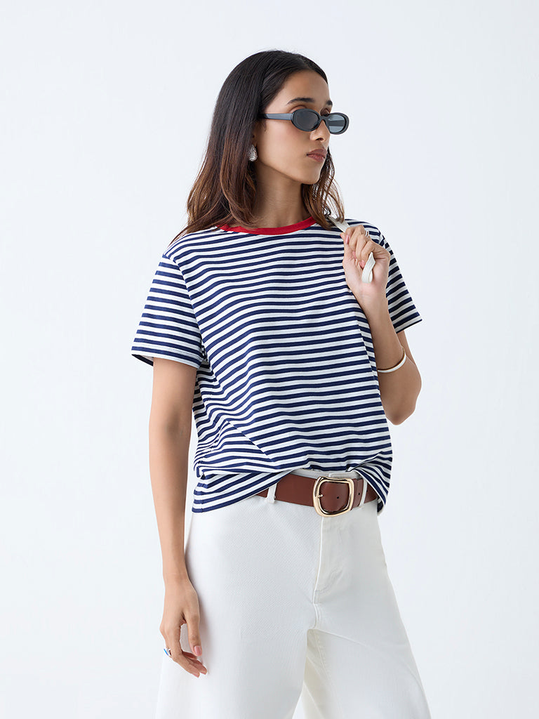 Westside LOV Women's Navy Stripe Cotton-Blend T-Shirt for Casual Wear Front View