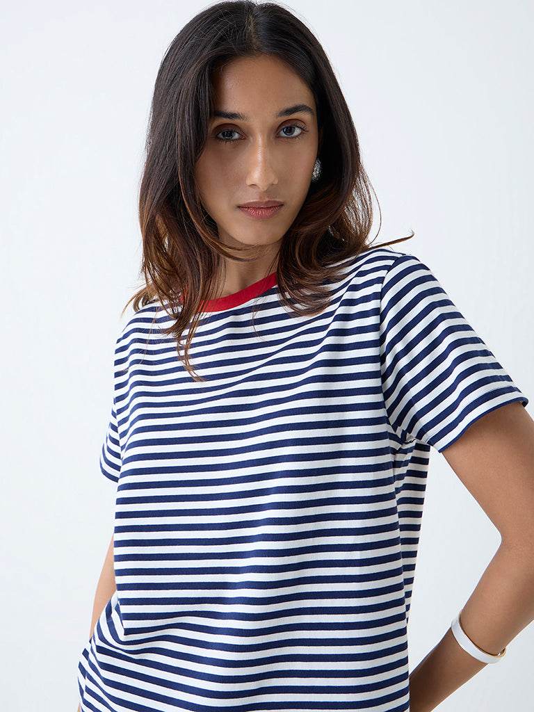 Westside LOV Women's Navy Stripe Cotton-Blend T-Shirt for Casual Wear Zoomed View
