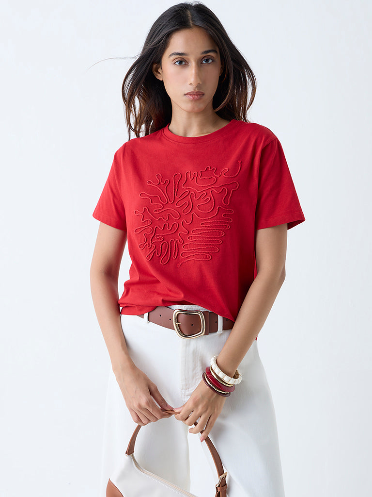 Westside LOV Women's Red Embroidered Cotton T-Shirt for Casual Wear Front View