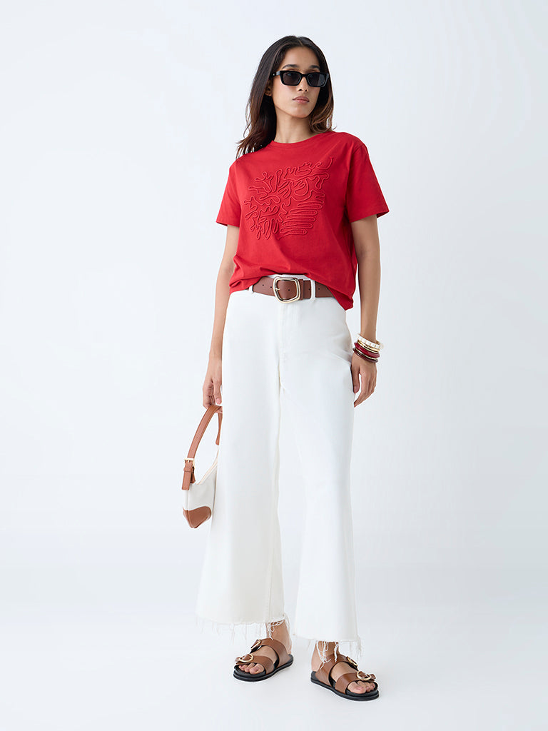 Westside LOV Women's Red Embroidered Cotton T-Shirt for Casual Wear Full View