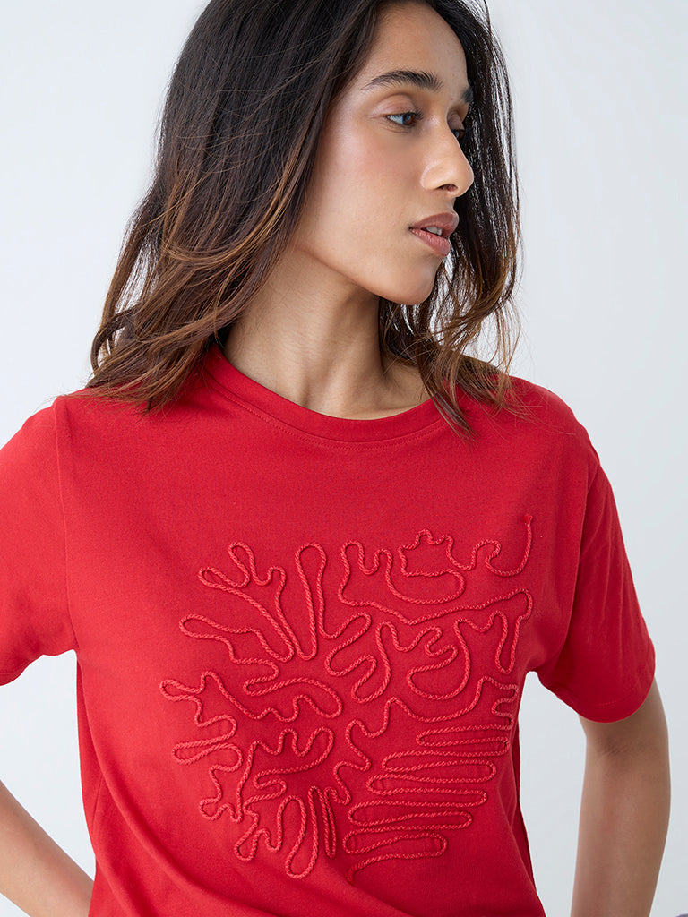 Westside LOV Women's Red Embroidered Cotton T-Shirt for Casual Wear Zoomed View