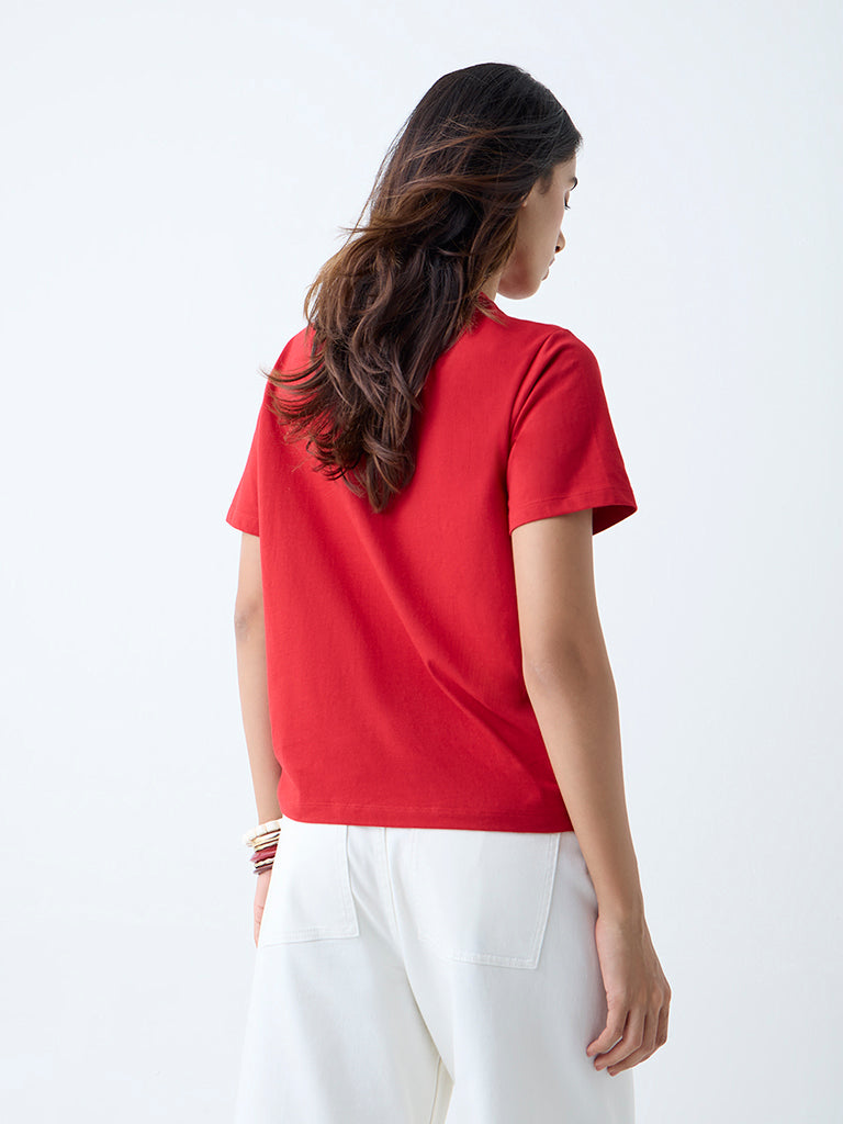 Westside LOV Women's Red Embroidered Cotton T-Shirt for Casual Wear Back View