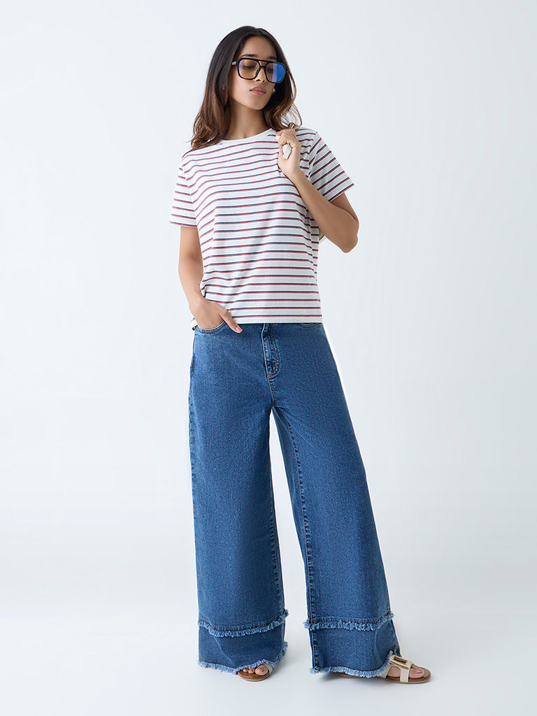Westside LOV Women's Red Stripe Pattern Cotton-Blend T-Shirt for Casual Wear Full View