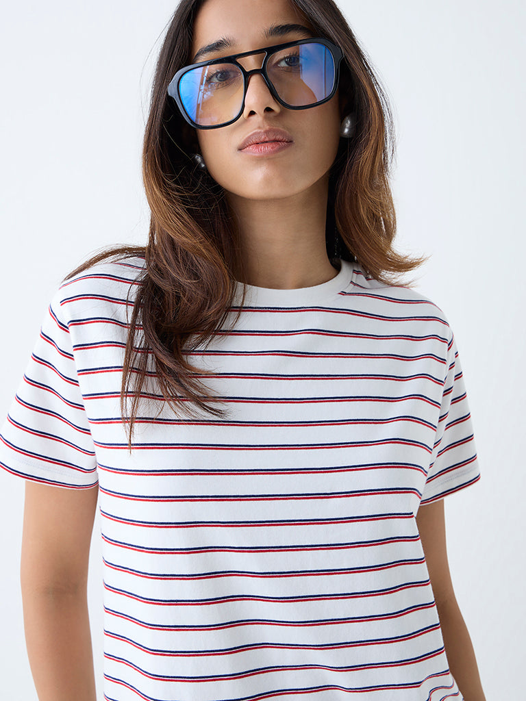 Westside LOV Women's Red Stripe Pattern Cotton-Blend T-Shirt for Casual Wear Zoomed View