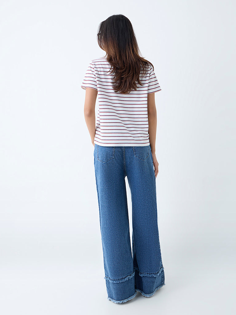 Westside LOV Women's Red Stripe Pattern Cotton-Blend T-Shirt for Casual Wear Back View
